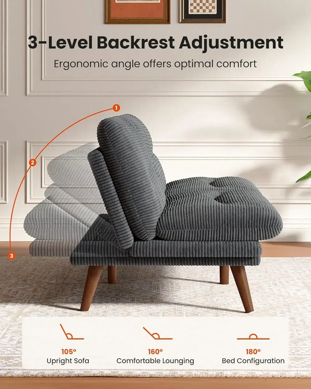 مسند ظهر ومساند للذراعين قابل للتعديل مقاس 66 بوصة، كرسي أريكة فوتون قابل للطي للمساحات الصغيرة أو غرفة اللعب أو المكتب