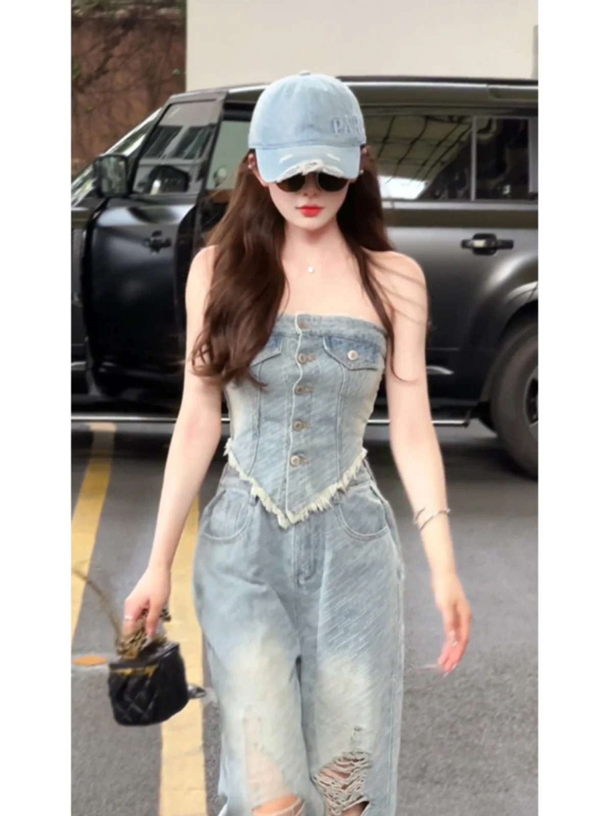 

Комплект из джинсов Pure Desire Spicy Girl: женский топ без бретелек и широкие брюки с дырками, летний модный комплект из двух предметов для женщин