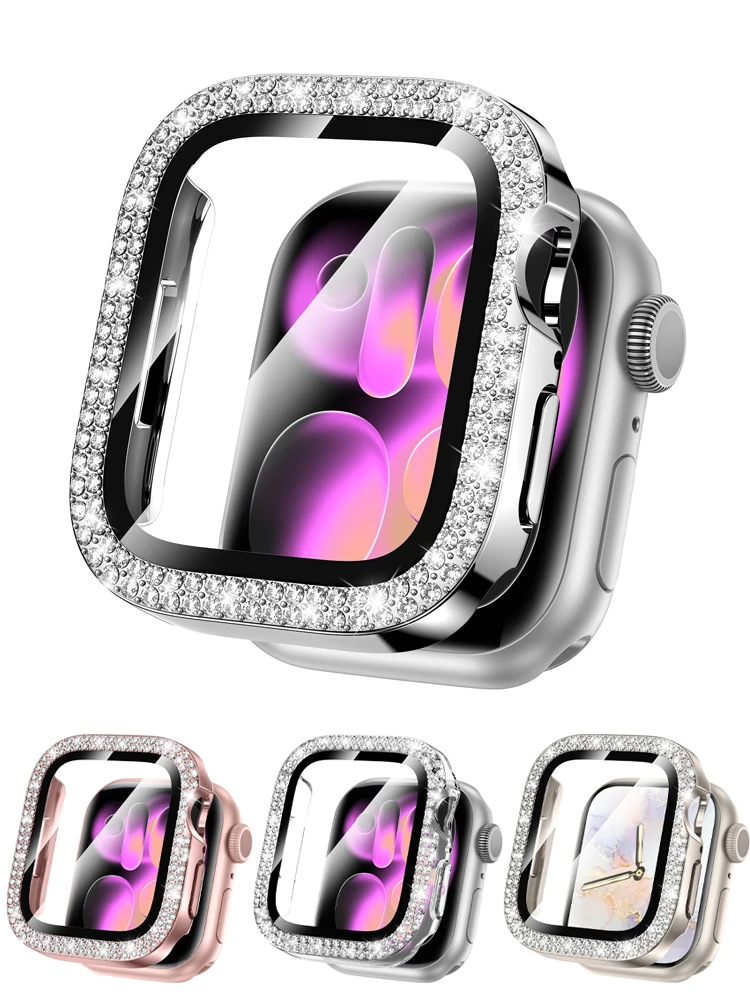 غطاء حافظة لساعة أبل سلسلة 11 10 9 7 SE 6 8 5 46 مللي متر 42 مللي متر 45 مللي متر 44 مللي متر 40 41 مللي متر الماس الوفير الزجاج المقسى واقي للشاشة