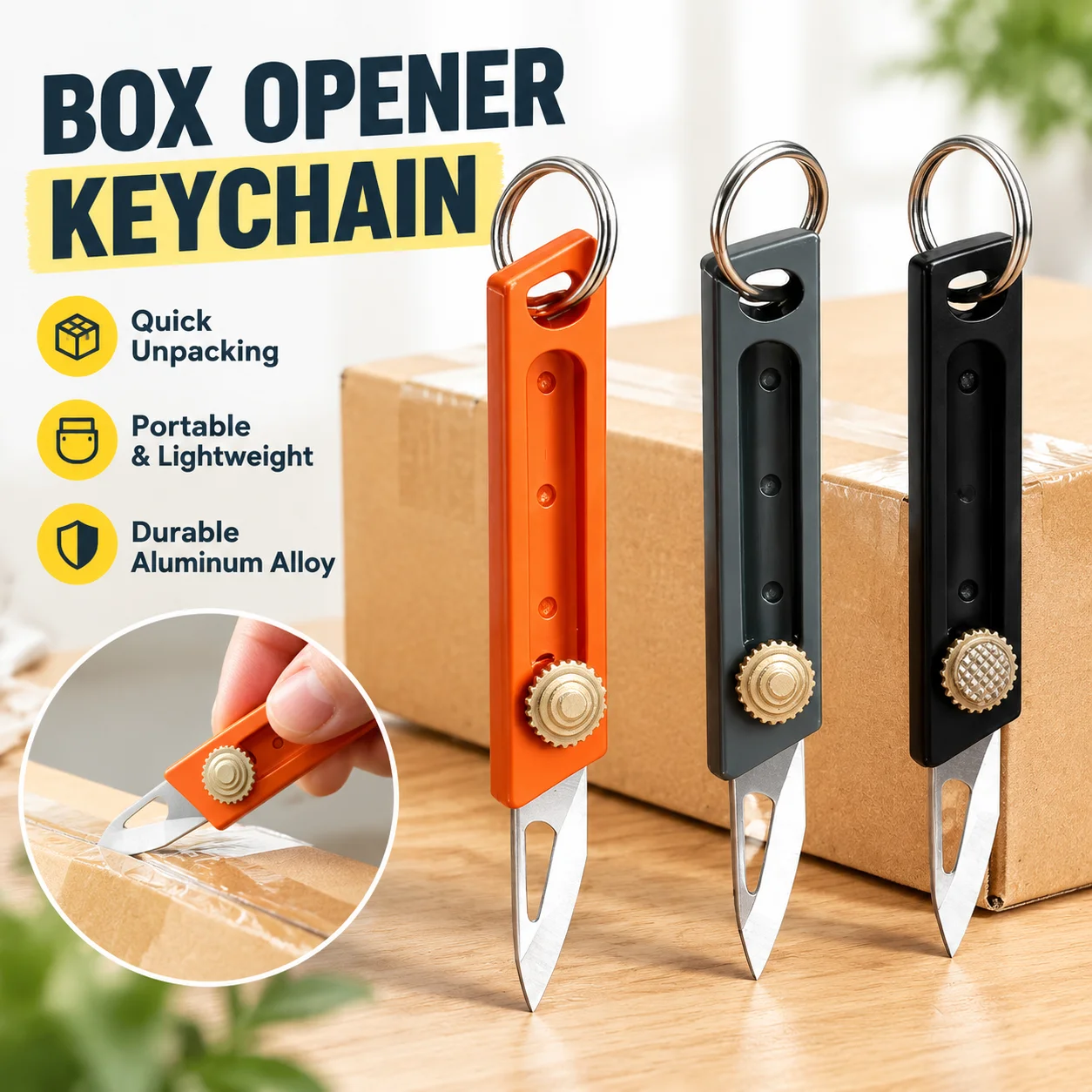 Aluminum Alloy Retractable Push-Button Box Opener Keychain Cutter Portable Pocket Tool for Express Unpacking