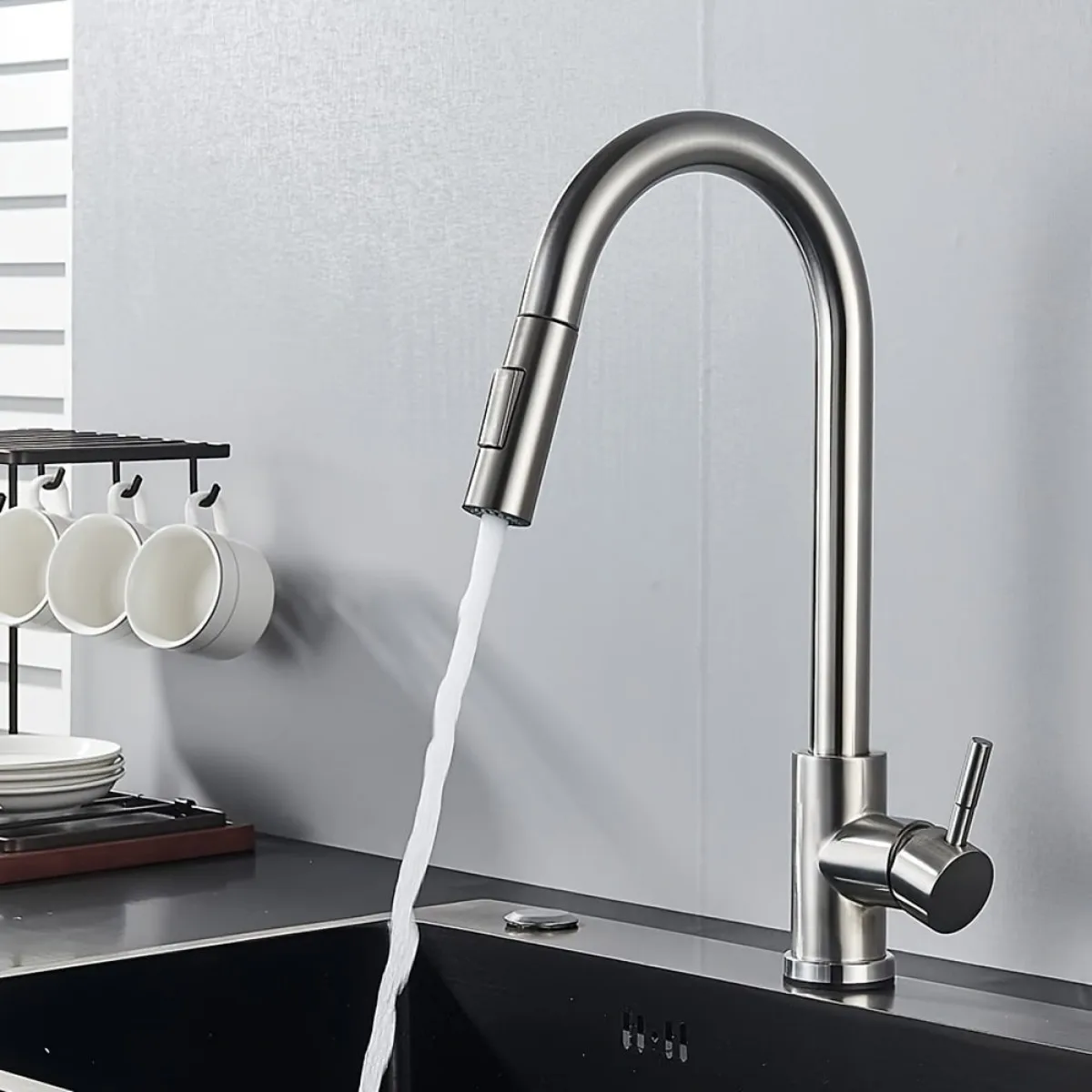 Brushed black rotating kitchen sink faucet, single hole, single handle, pull-out sprayer/mixer faucet