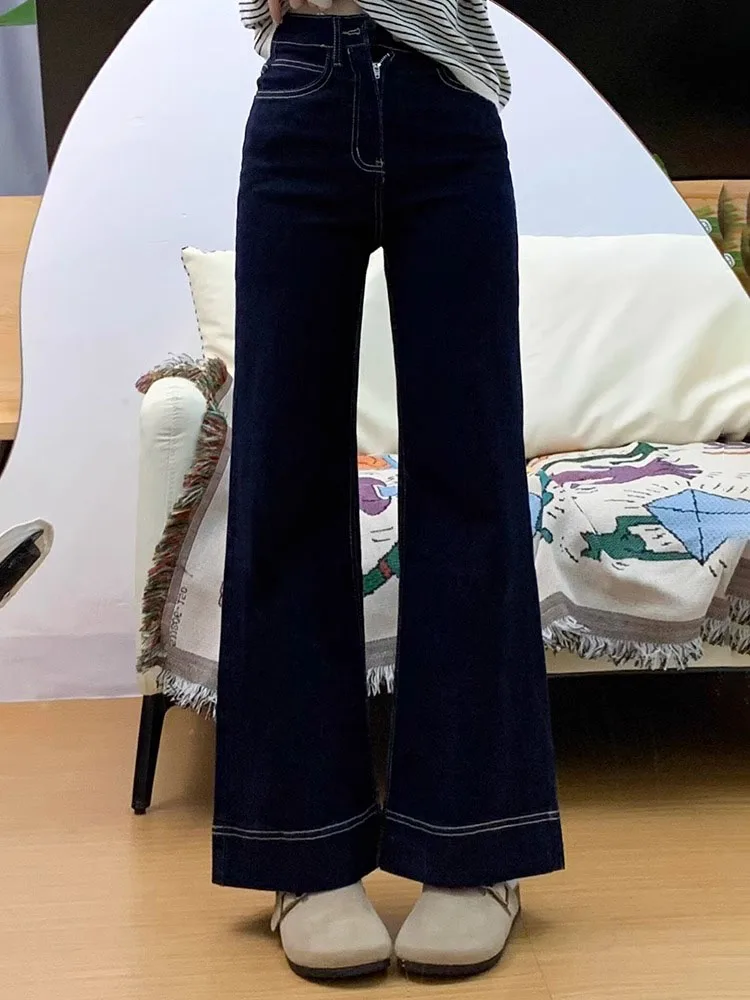 جينز نسائي فضفاض أزرق عميق بأرجل واسعة بنطلون مستقيم عالي الخصر مناسب لجسم الكمثرى مقاس كبير خريف جديد Sle #5