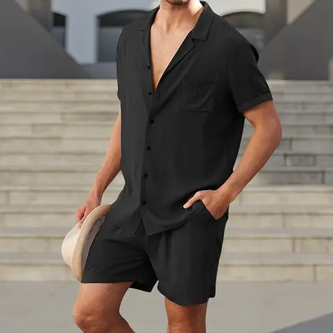 Men s Casual Two Piece Linen Outfit with Short Sleeve Button-up Shirt and Elastic Waist Shorts in Solid Color