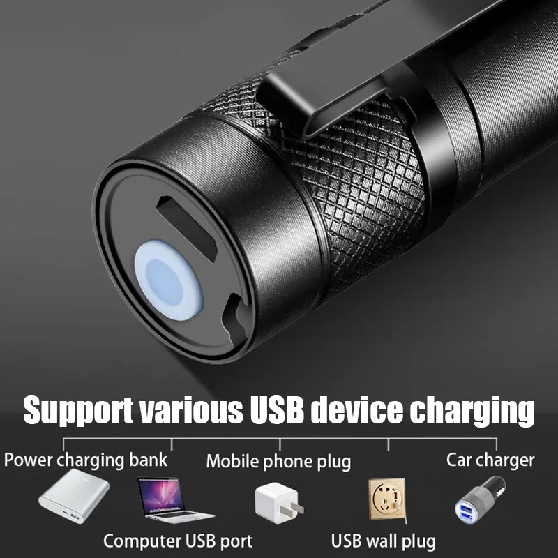 Rechargeable LED Pocket Flashlights with Pen Clip Zoom Mini Light 3 Lighting Mode with Side Lamp for Outdoor Camping Emer