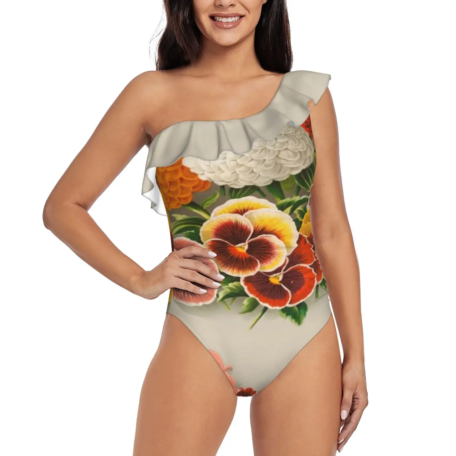 

Pansies & Marigolds One Shoulder Ruffle Swimsuits Bodysuit One Piece Swimwear Women New Female Beach Swimsuit