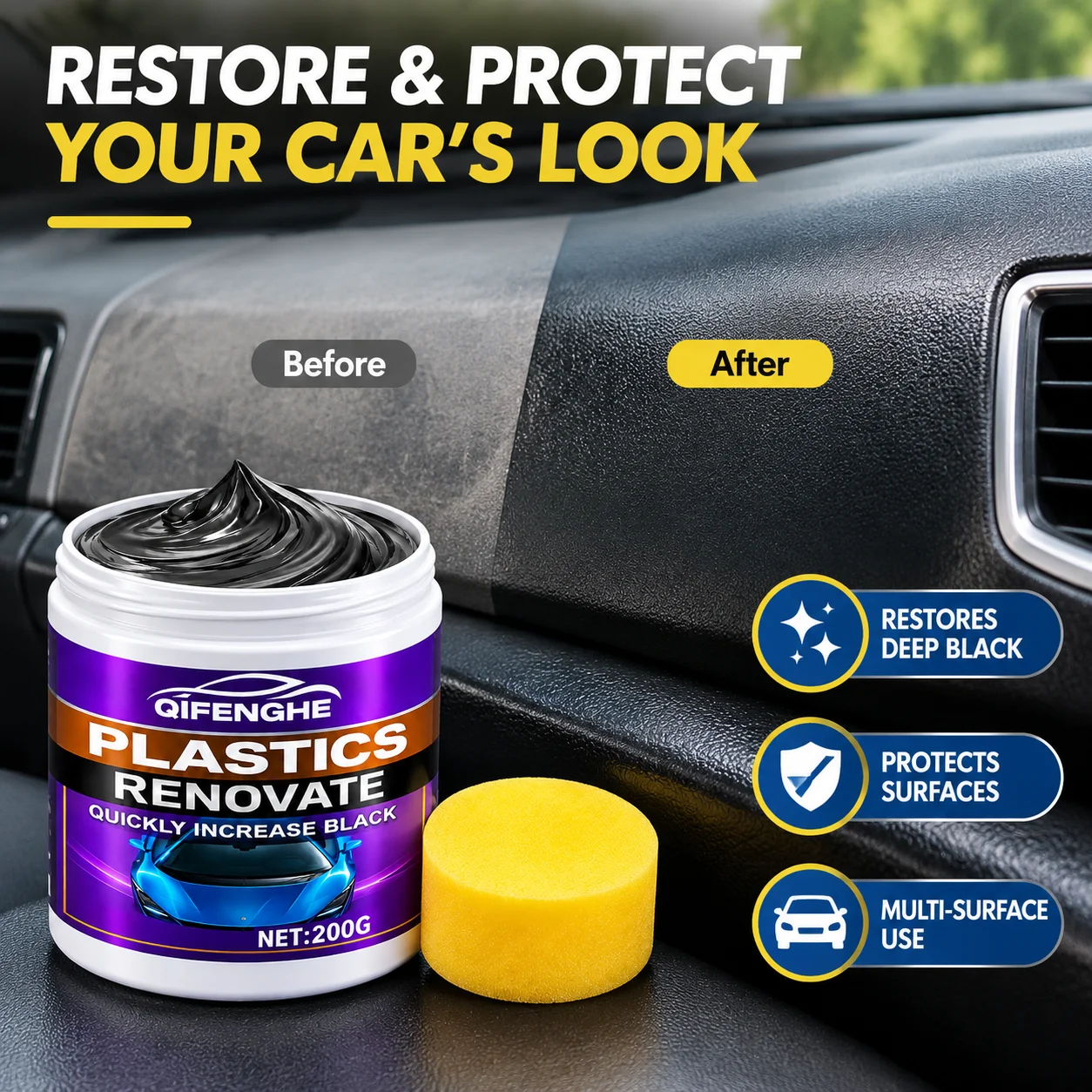 Car Detailing Shine Cream - Multi-Surface Plastic & Vinyl Restorer for Dashboard, Tires, Bumper & Interior Trim - Gloss Finish