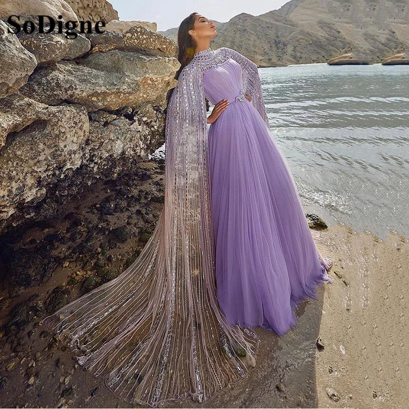 

SoDigne Elegant Purple Tulle A Line Evening Dresses Long Cape Sleeves Glitter High Neck Formal Prom Gowns Special Occasion Dress