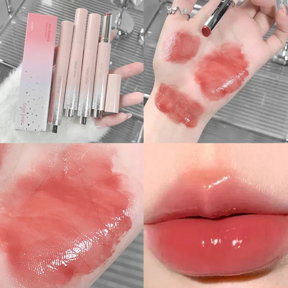 Brillo de labios sólido de gelatina, bonito espejo hidratante, lápiz labial rojo y marrón, tinte de labios hidratante transparente, maquillaje de labios desnudo natural, cosméticos