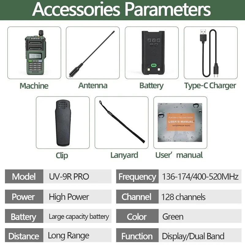 Baofeng UV-9R Pro IP68 Wodoodporne Walkie Talkie Ładowarka Tri-Power Type-C Dual Band PMR 446 Radio Amatorskie Dwukierunkowe Radio na Kemping