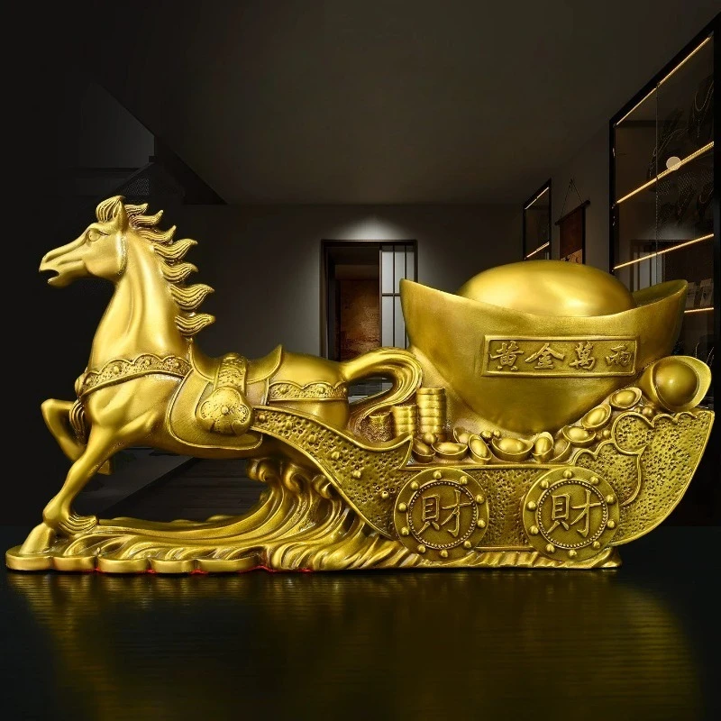 

Feng Shui Copper Wealth Brass Horse Cart Horse with Treasure Cart Statue for Home