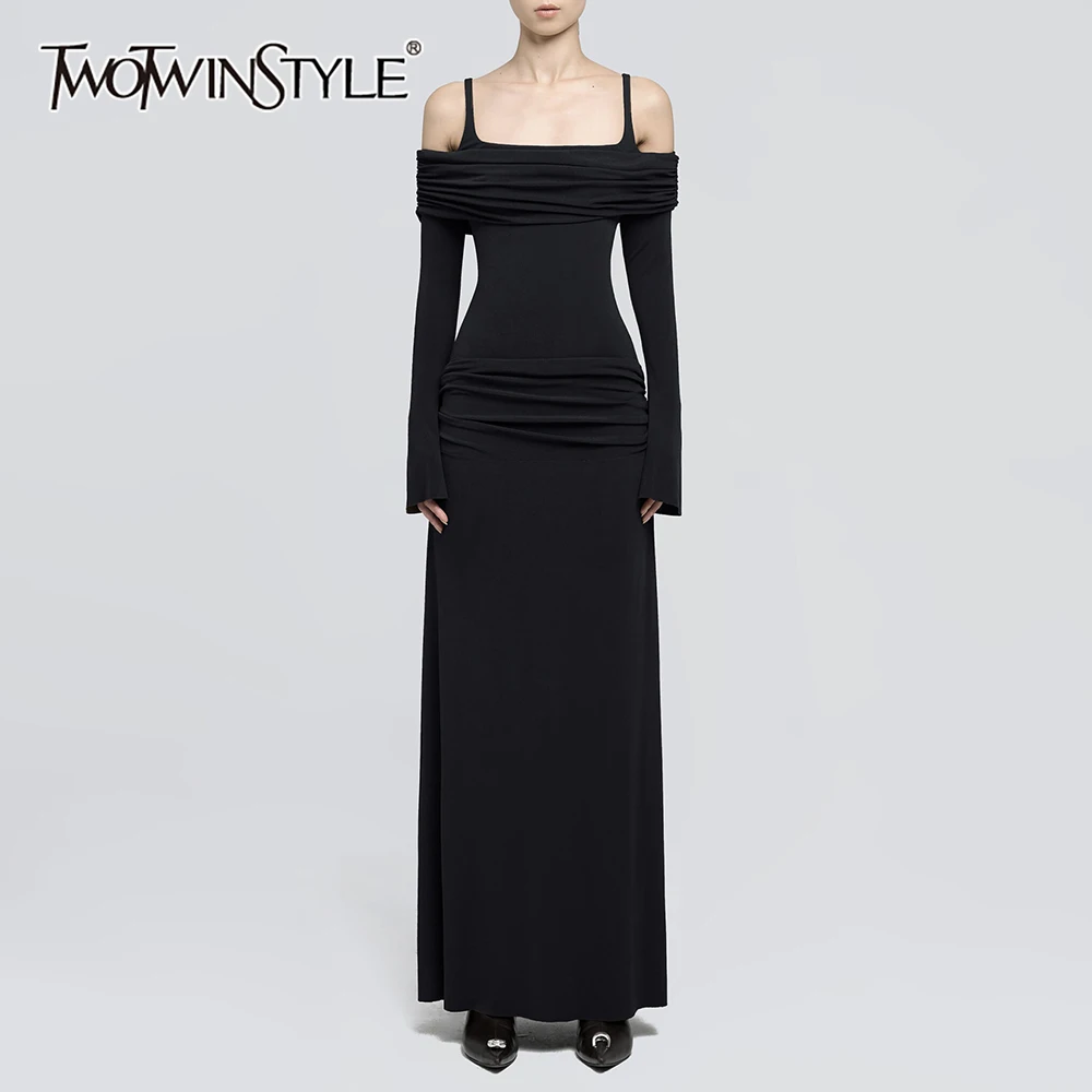 

TWOTWINSTYLE Solid Slimming Temperament Dresses for Women Slash Neck Long Sleeves Patchwork Folds Minimalism Dress Female Style