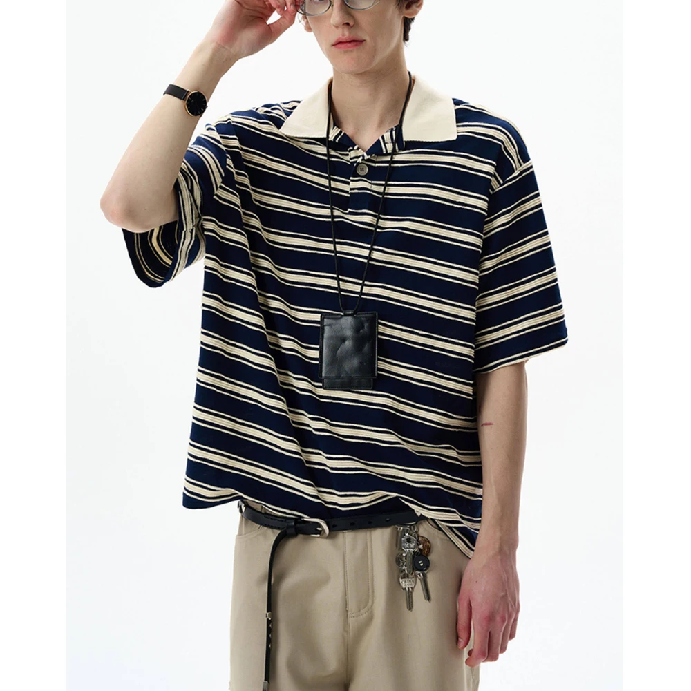High Street Color Blocking Striped Polo T-shirt Short Sleeved Men's and Women's Loose Retro Commuting Casual Top Tshirt