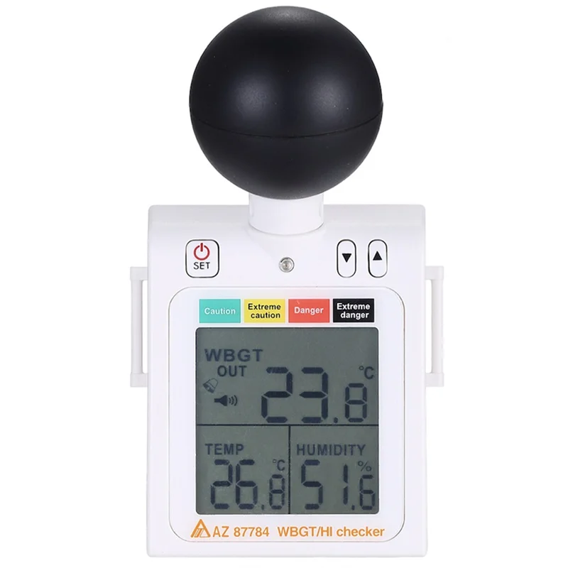 N01R-2-In-1 Wet Bulb Globe Temperature Temp Checker WBGT+ HI Heat Index Heat Stress Meter Level Indicator Audible Alarms