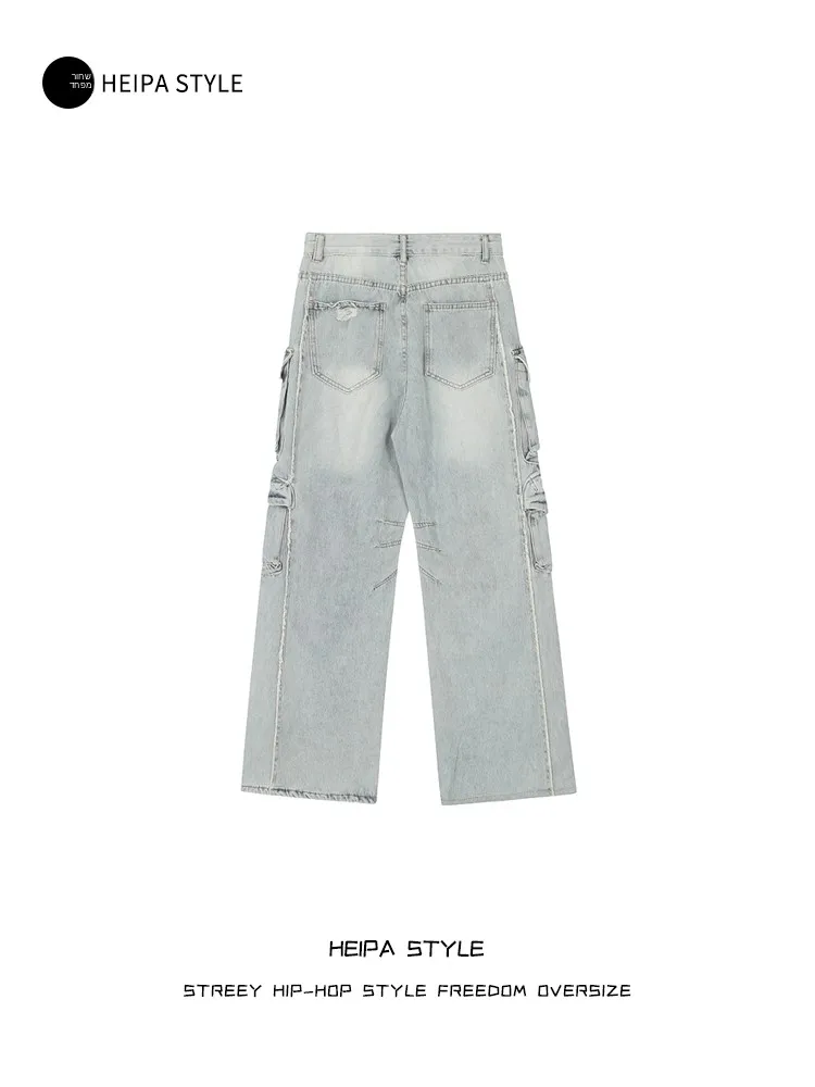 Retro American Workwear Men's High Street Trendy Loose Straight Leg Multi Pocket Ripped Wide Leg Jeans Youth Popular All Seasons