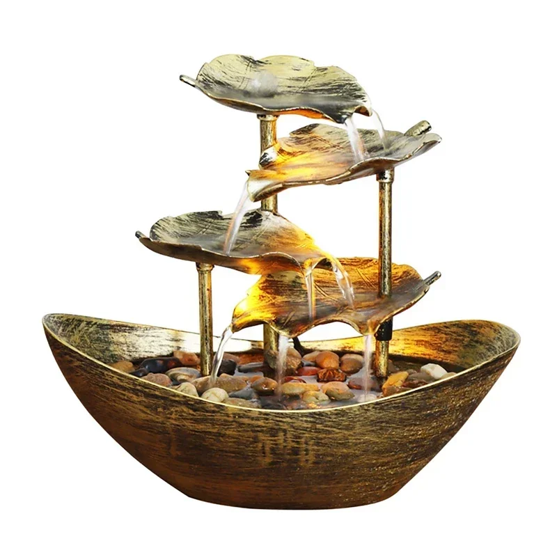 

4-Tiers Lotus Leaf Waterfall Fountain USB Tabletop Fountain LED Light Flowing Water Decoration Automatic Pump with Power Switch