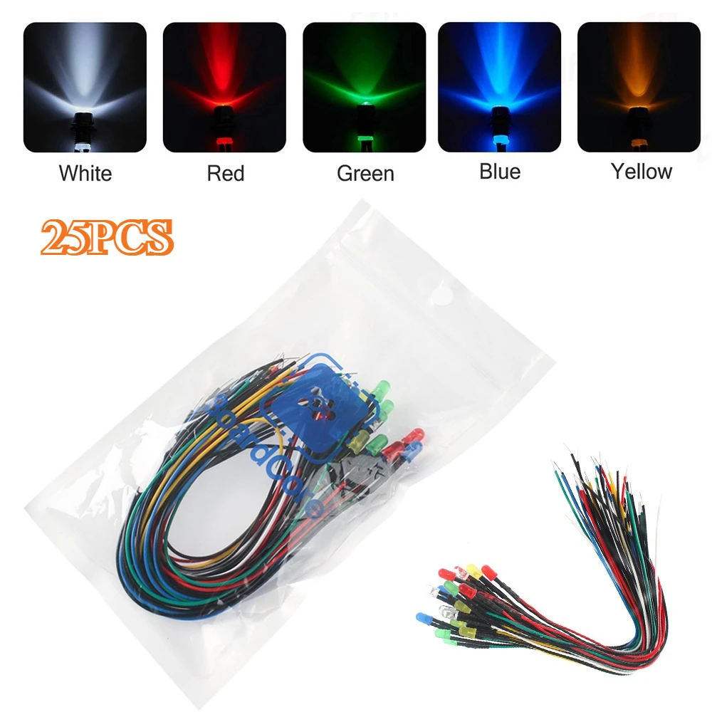 25-50PCS 12V 5 มม.ไฟ LED ไดโอดชุด 20 ซม.Prewired สีแดงสีเขียวสีฟ้าสีขาวสีส้มสีเหลือง Emitting สีไดโอดโคมไฟสําหรับ DIY