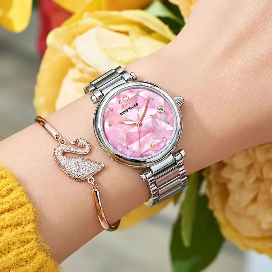 Reef Tiger/RT New luxury stainless steel automatic mechanical watch with pink dial, an elegant and stylish gift for women.