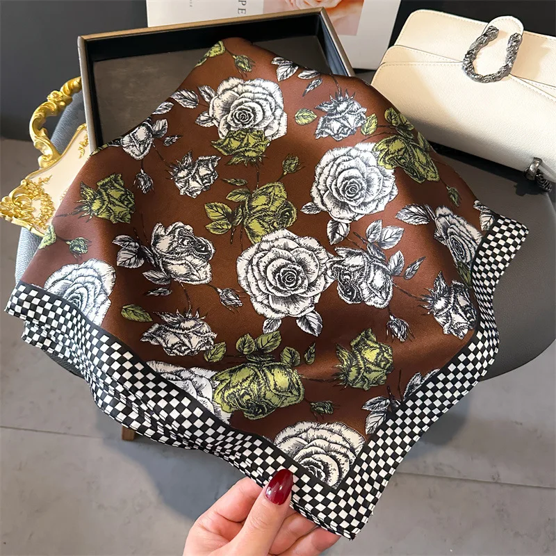 Fashion Luxury Brand Silk Shawl Square Scarf Women Hijab Flower Print Scarves Wraps Neckerchief Hair Ribbon Headband Bandana