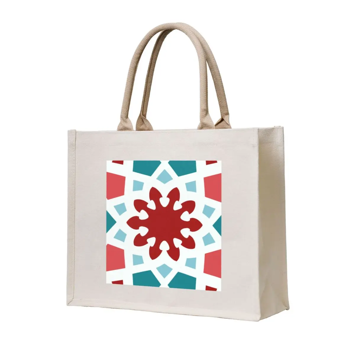 Patrón árabe geométrico de salvia, arándano, verde azulado y coral inspirado en la Gran Mosquita en KAUST Tote Bag bolso de compras mujer