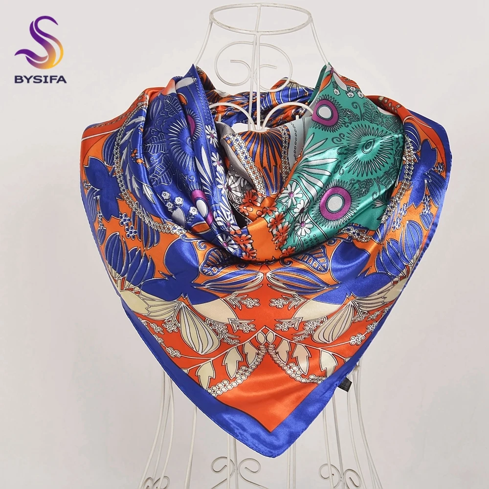 BYSIFA| New Orange Blue Women Scarves Shawls Elegant Floral Design Fall Winter Neck Scarf Fashion Spring Brand Silk Scarf Hijab