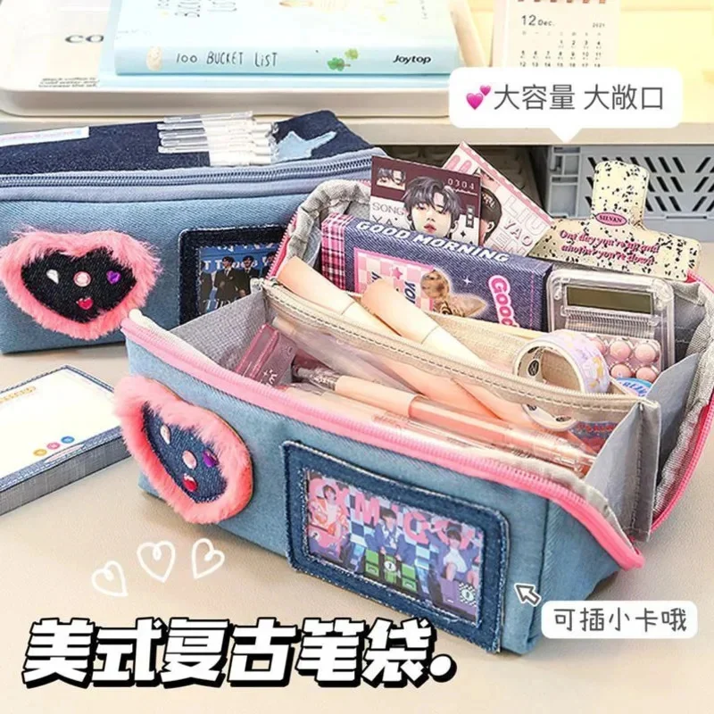 Denim Pencil Case 2024 American Cartoon Cowboy Itabag Sandwich Sweet Zipper Large Capacity Open School Girls School Students New