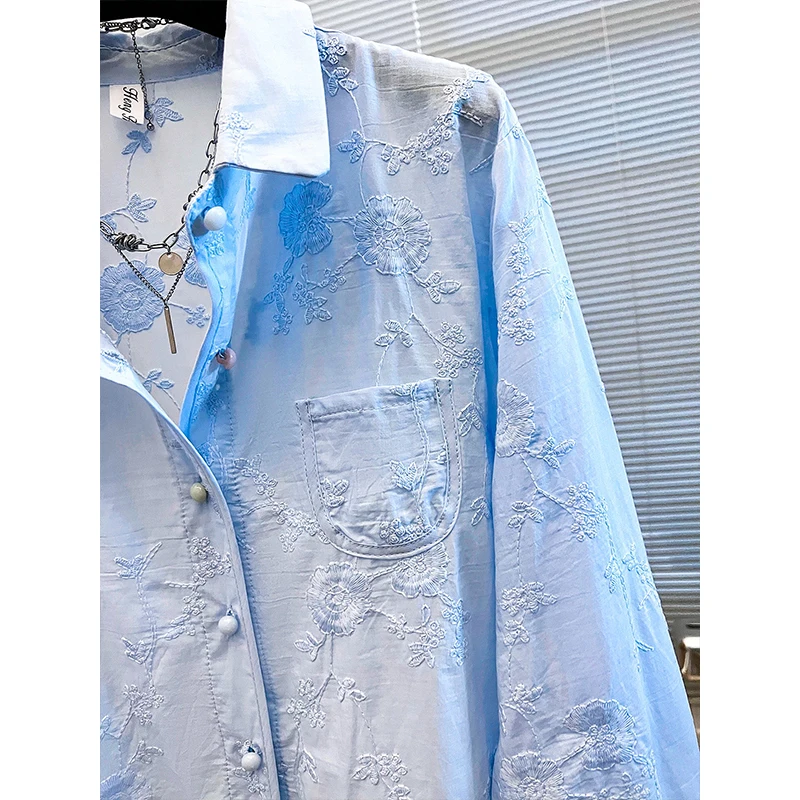 قميص مطرز بالزهور بأكمام طويلة للنساء على الطراز الفرنسي معاطف ذات صدر واحد وطية صدر السترة، ملابس علوية فضفاضة غير رسمية #4