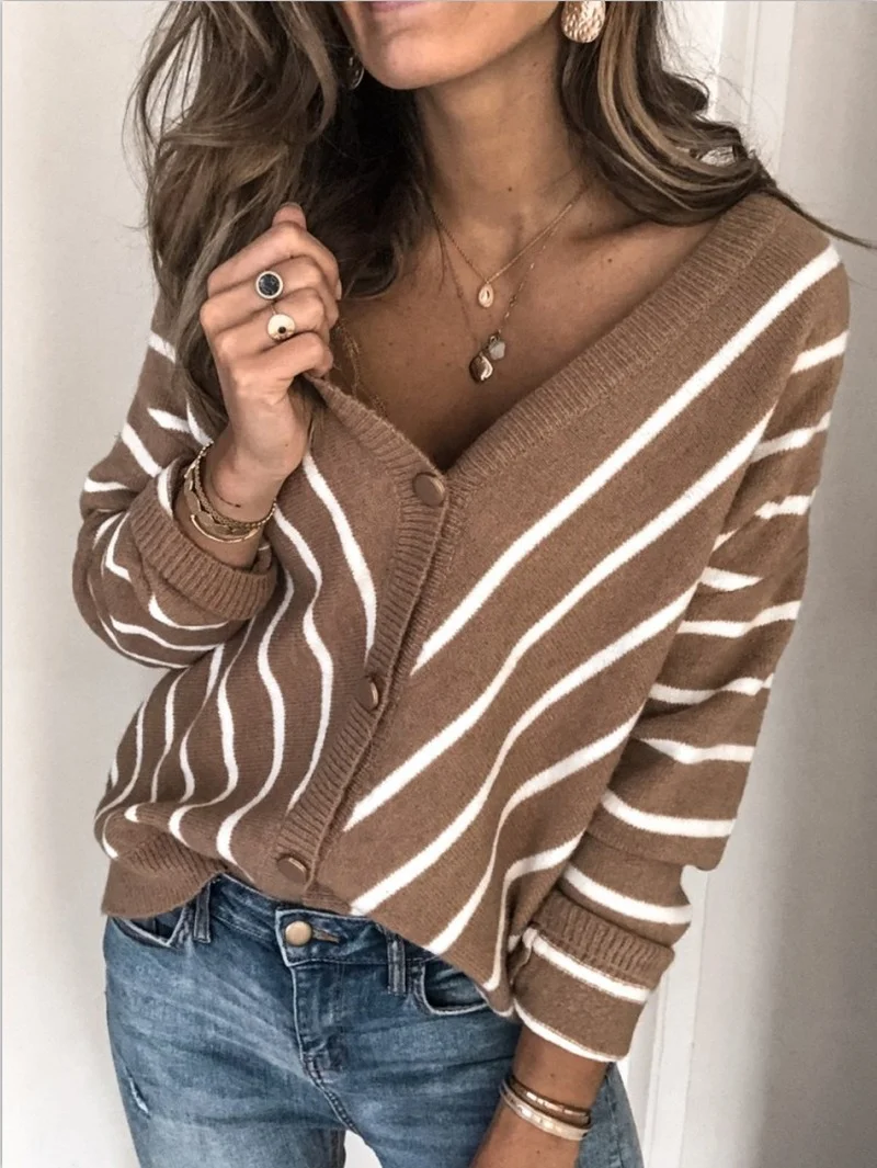 

Retro Striped Women's Sweater New Fall V-neck Cardigan Long Sleeve Casual Women's Top Streetwear Women's Sweater