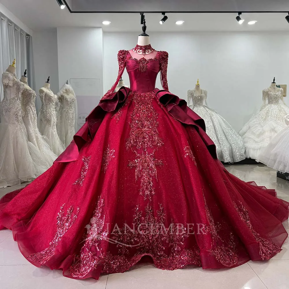 

Кружевное новое бальное платье принцессы с жемчугом и бисером, красное свадебное платье на шнуровке с длинными рукавами, платья de novia boda