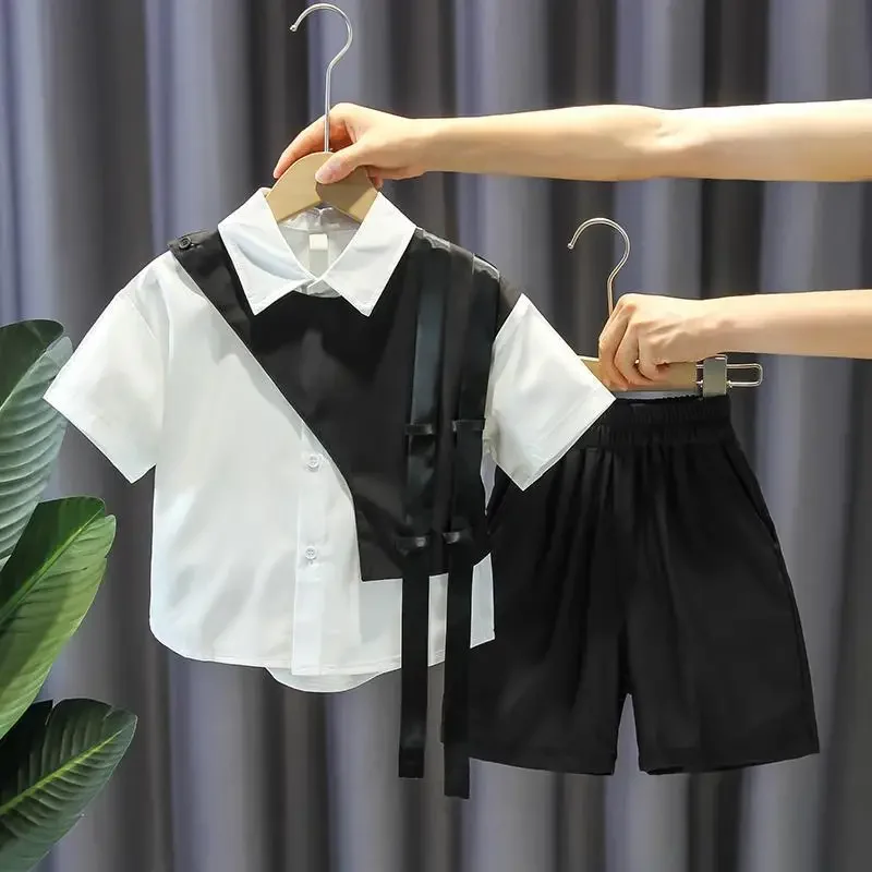 

Splice Single-breasted Baby Shirt Shorts Handsome Street Two-Piece Summer Clothes New Children's Sets Boys' Fashion Black White