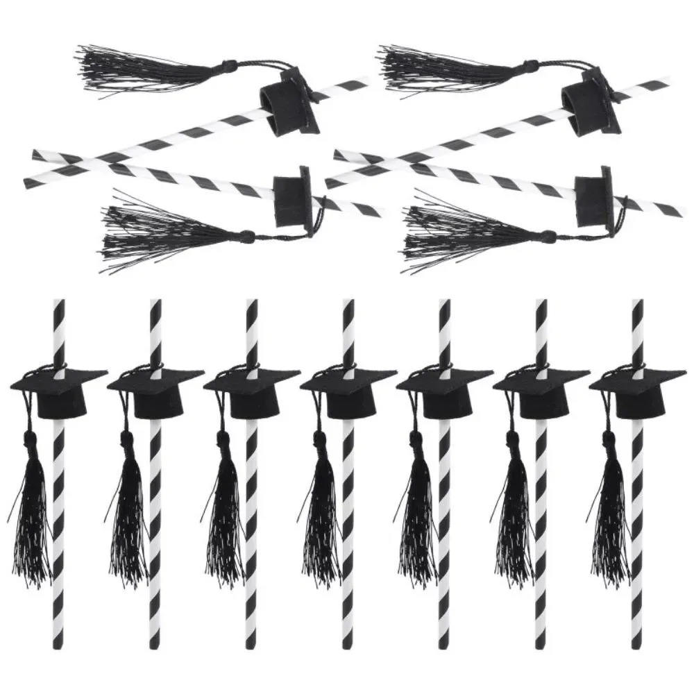 10pcs Paper Graduation Party Straw Tassels Striped Pattern Disposable Straws Bar Dessert Table Decoration Graduation Season