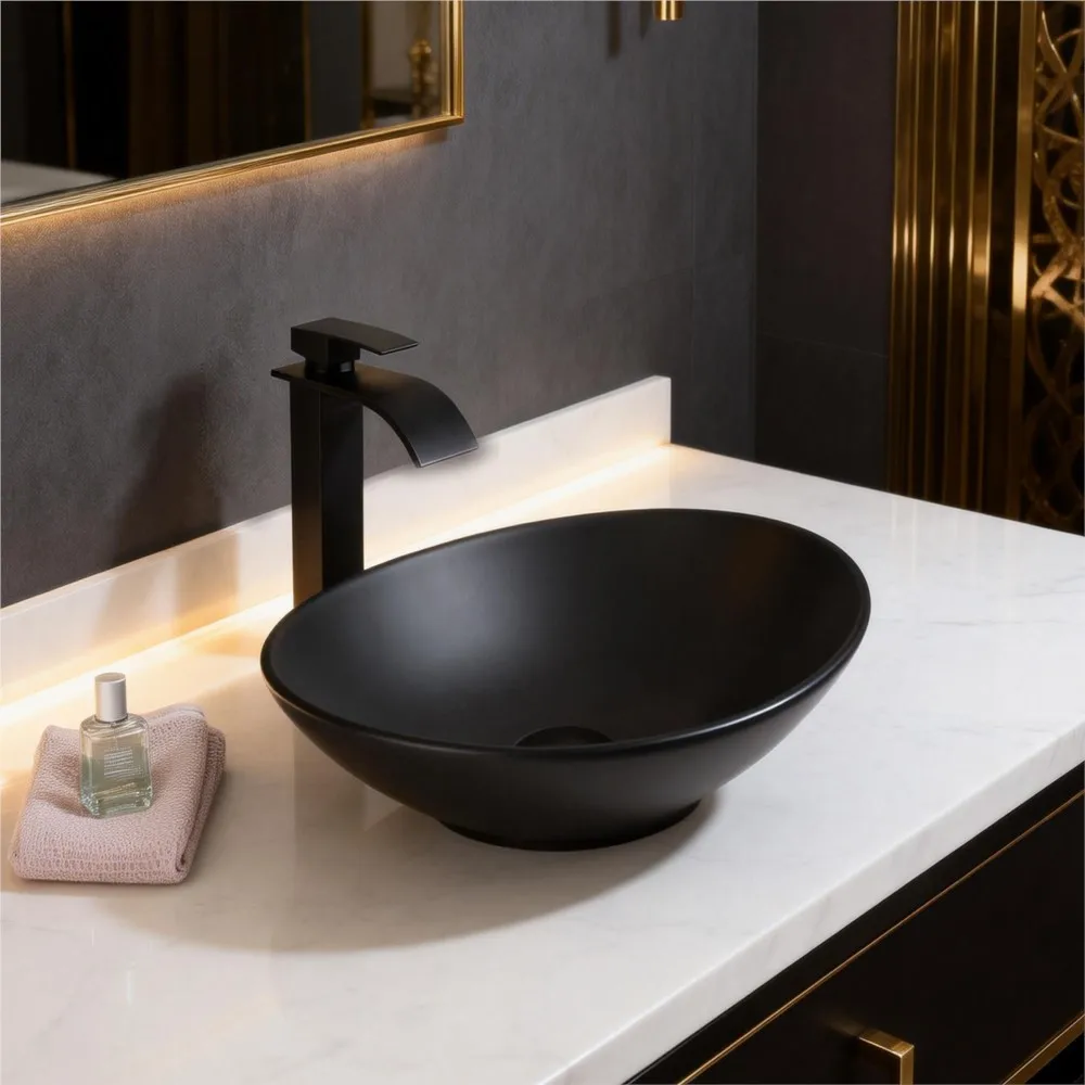 Torayvino Bathroomm Sink Faucet Set Polymer Skin Feel Art Black Vessel Vanity Counter Top w/ Mixer Waterfall Tap & Pop-up Drain