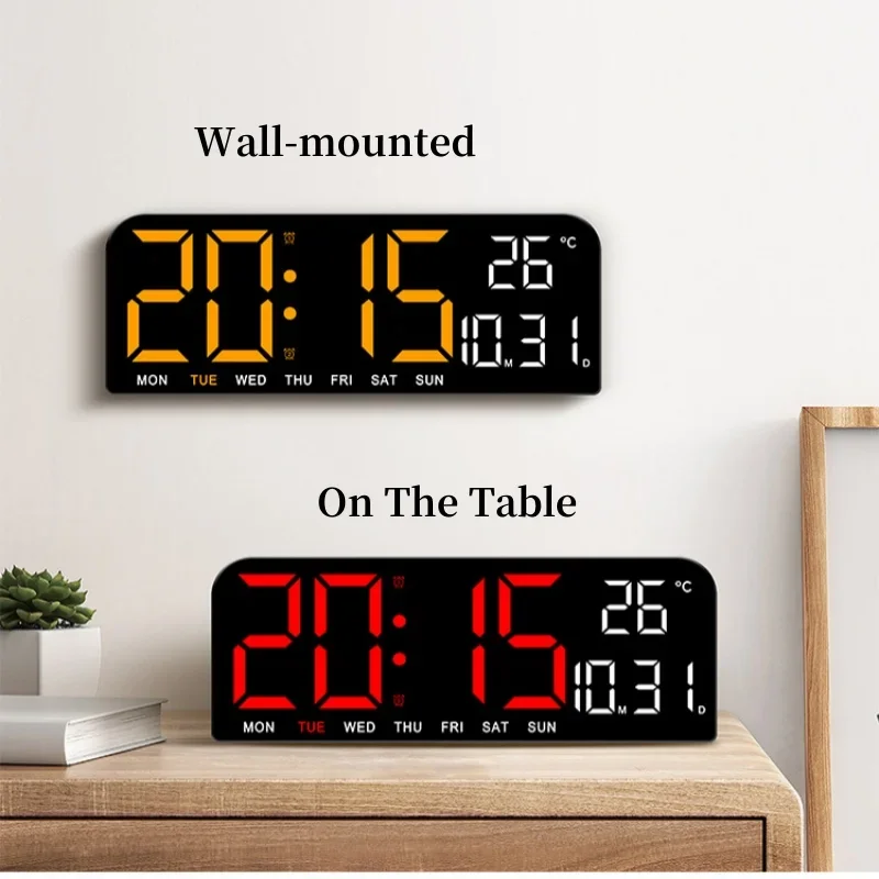 Plug in Use Large Digital Wall Clock TEMP Date Week Timing Countdown Auto Dimmable Table Clock 2 Alarm 12/24H LED Alarm Clock