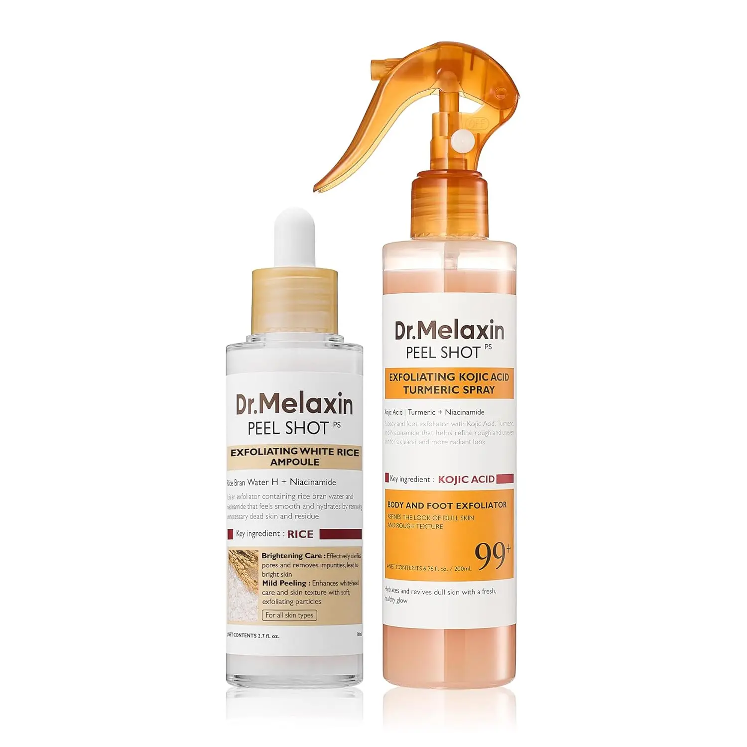 Ampolla exfoliante corporal y facial Body & Face Peel Shot Duo Glow Rice con ácido kójico y cúrcuma en spray