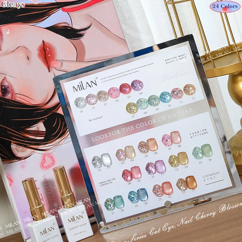 Glenys-pegamento para esmalte de uñas, 24 colores, gel de inmersión semipermanente, tarjeta a juego de colores, UV LED, kit de aprendizaje de barniz para decoración de uñas, venta al por mayor