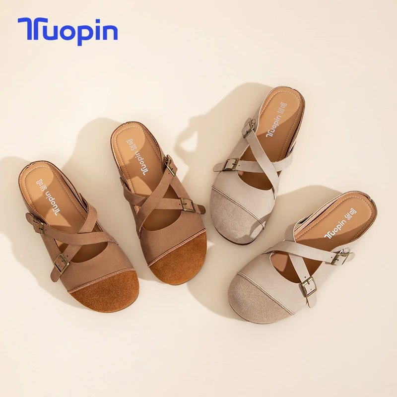 TuoPin Retro women's shoes brown single shoes summer seaside sandals wear flat half slippers beach sandals holiday casual shoes