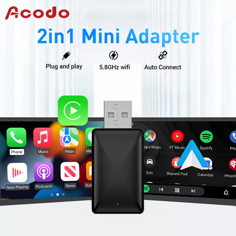 Acodo 2 in 1 Mini AI Box Wired to Wireless Carplay&Android Auto Compatible with 99% of Cars Plug and Play Smart Dongle