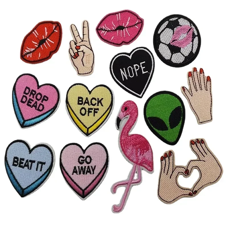 50pcs/Lot Luxury Embroidery Patch Flamingo Finger Love Heart Lip Football Alien Clothing Decoration Accessory Badge Craft Diy