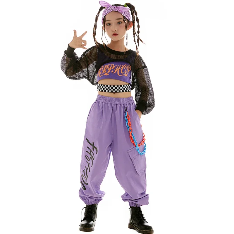 Tops líquidos para meninas, roupas de dança de salão Jazz, traje de palco infantil, roupas de dança hip hop, calças roxas, preto, 20232