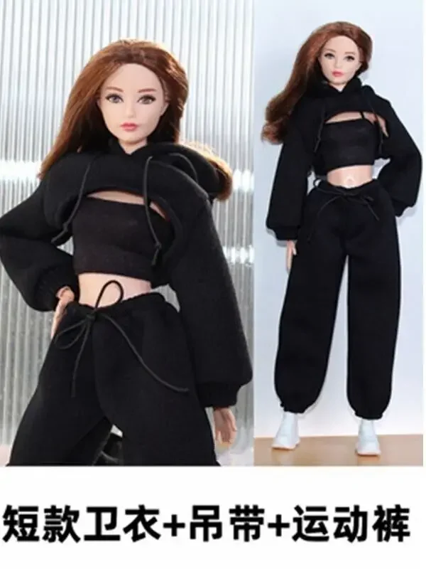 Fashion Black 1/6 Doll Clothes For Barbie Clothing For Barbie Dolls Accessories Cosplay Top Pants Trousers Dressing Up 11.5