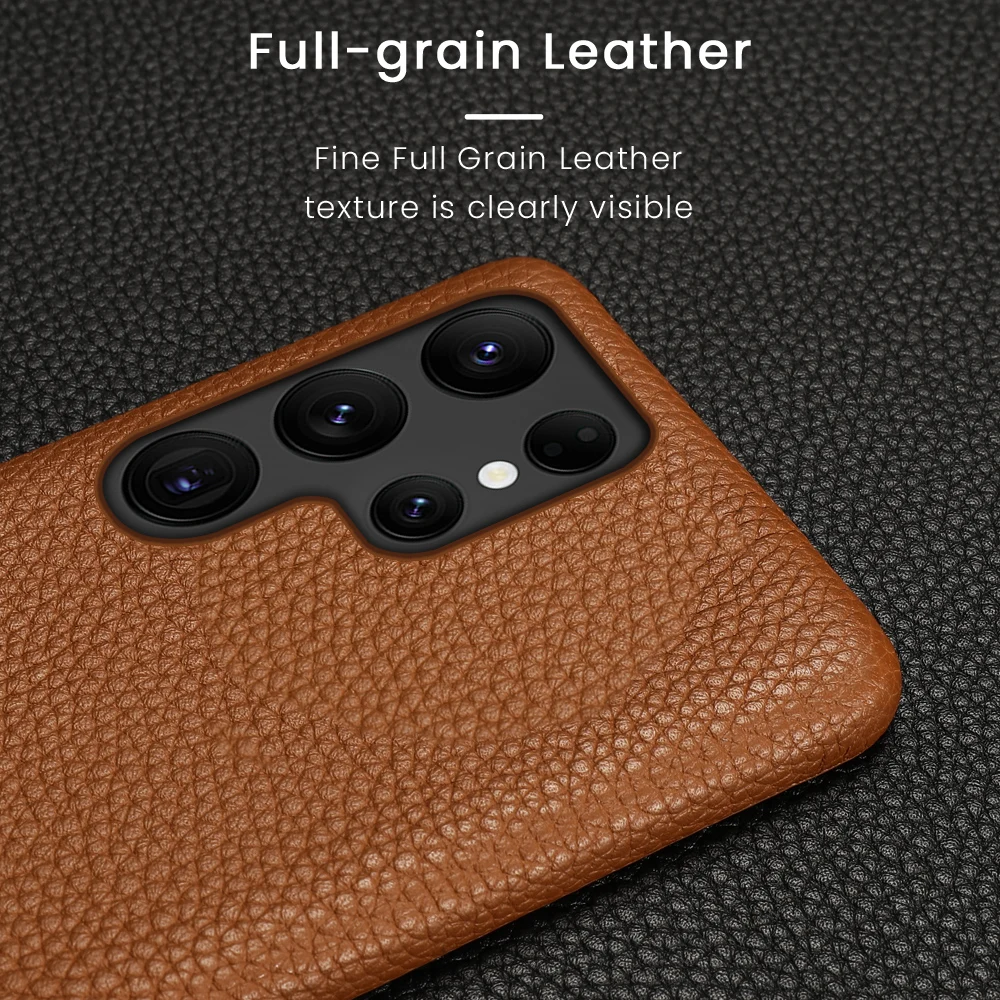 Genuine Cowhide Leather Phone Case for Samsung Galaxy S24 Ultra S23 FE S22 Plus S21 Litchi Grain Half-Wrapped Armor Back Cvoer