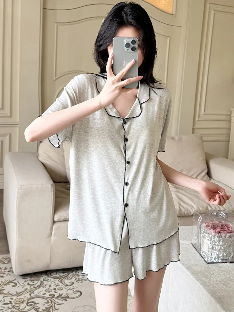 Women Color Blocked Pajamas Set Stylish Single Breasted Short Sleeve Tops with Chest Pads Shorts Summer Korean Loose Sleepwear