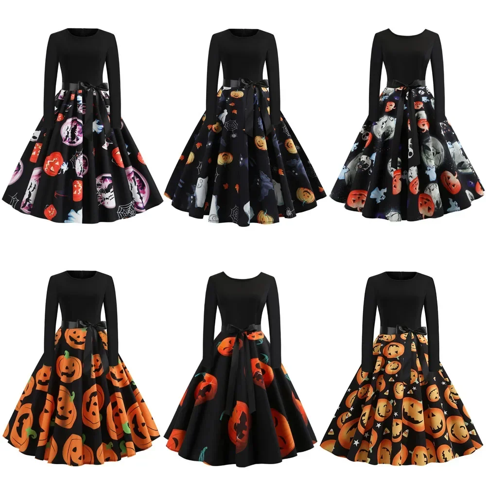 

Halloween Cosplay Costumes Vintage Fashion Pumpkin Pattern Womens Dresses Long Sleeve Princess Dress Halloween Carnival Party