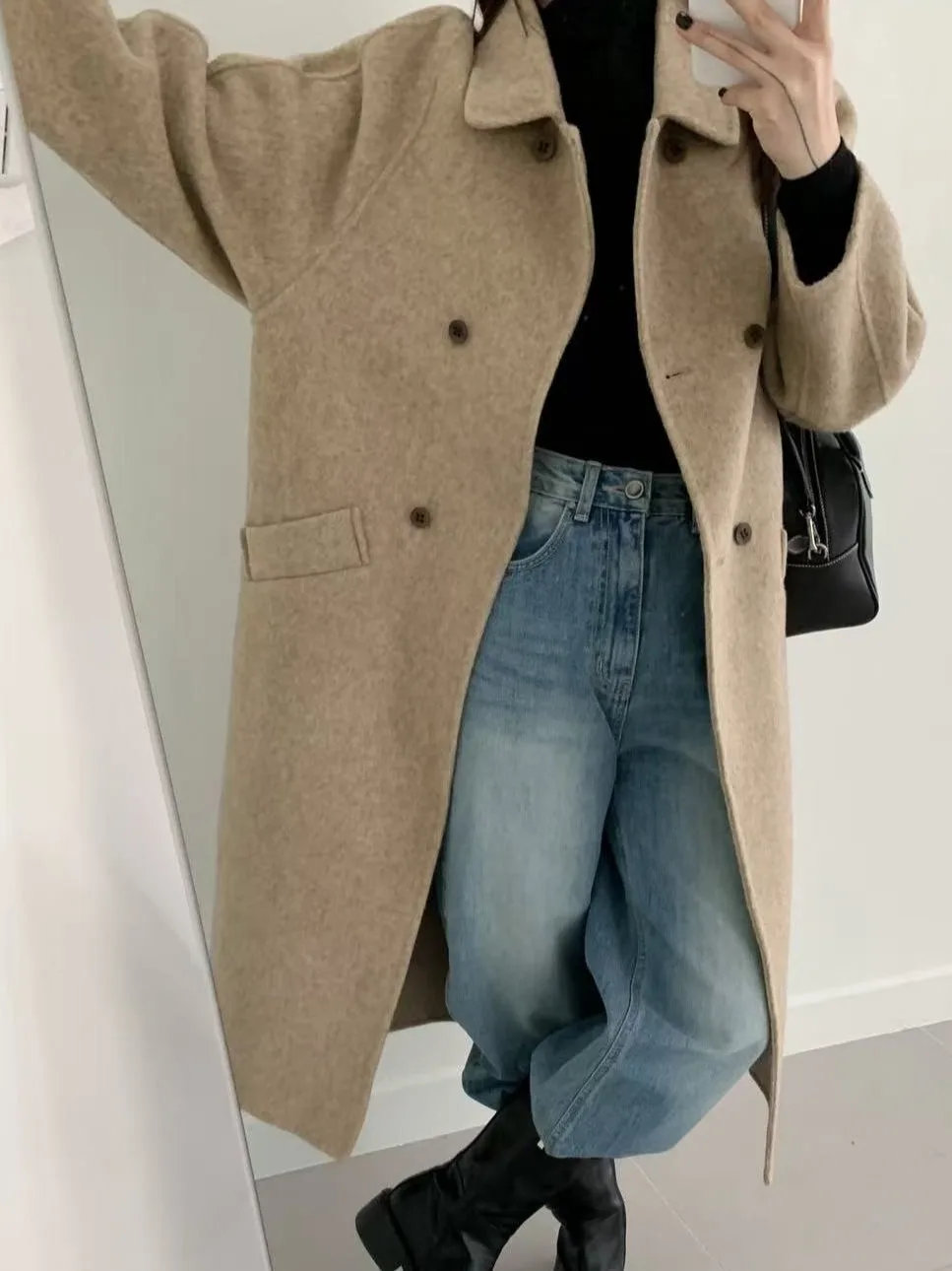 

Retro Lapel Double Button Long Warm Woolen Coat for Women Winter Briti Sle High-End Feeling Tweed Coat Fem Outerwear