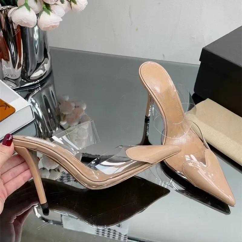 Elegant Pointed Toe Transparent PVC Heart High Heels Mules Slipper Shoes Women 2025 Black White Red Shoes Luxury Designer Pumps view 5