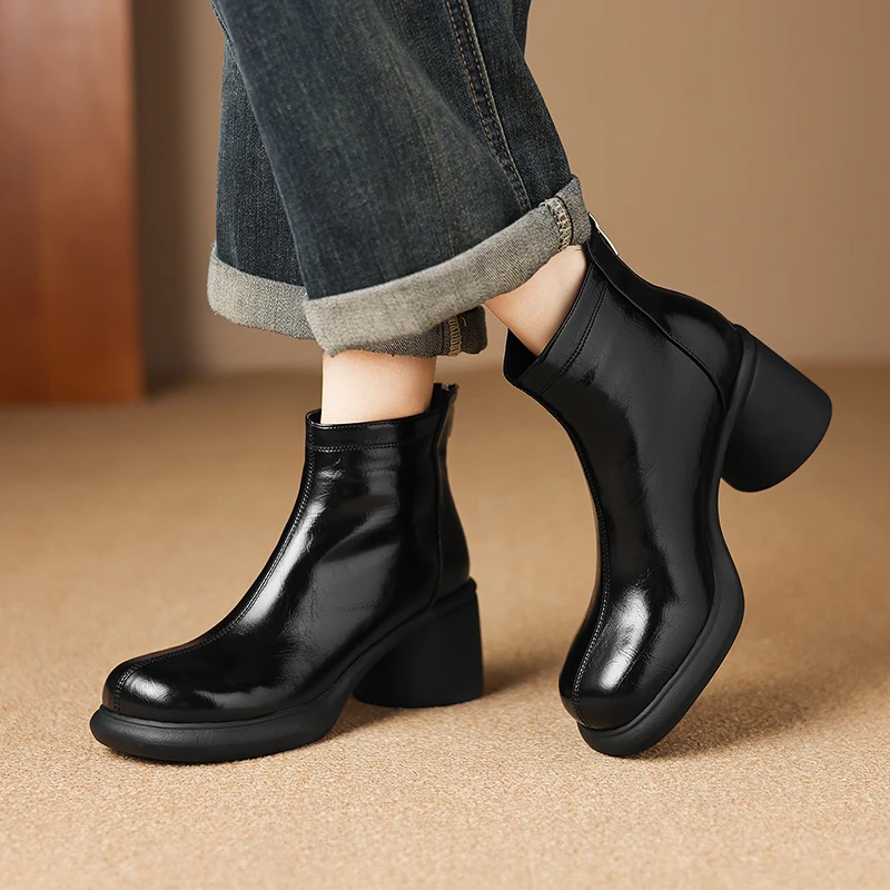2026 new autumn winter women ankle boots natural leather plus size 22-25cm split leather+wool back zip thick heel short boots