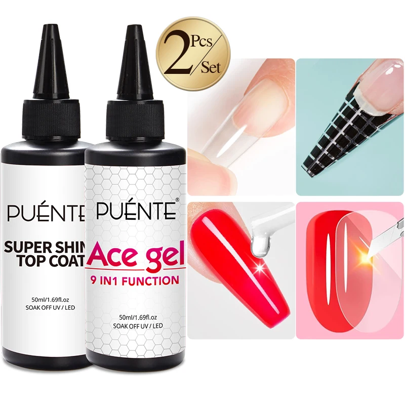 

PUENTE 2pcs/set 50ML 9-in-1 Ace Gel Super Shiny Top Coat Gel Nail Polish Self-Leveling Extension Nail Gel Soak Off UV Varnish