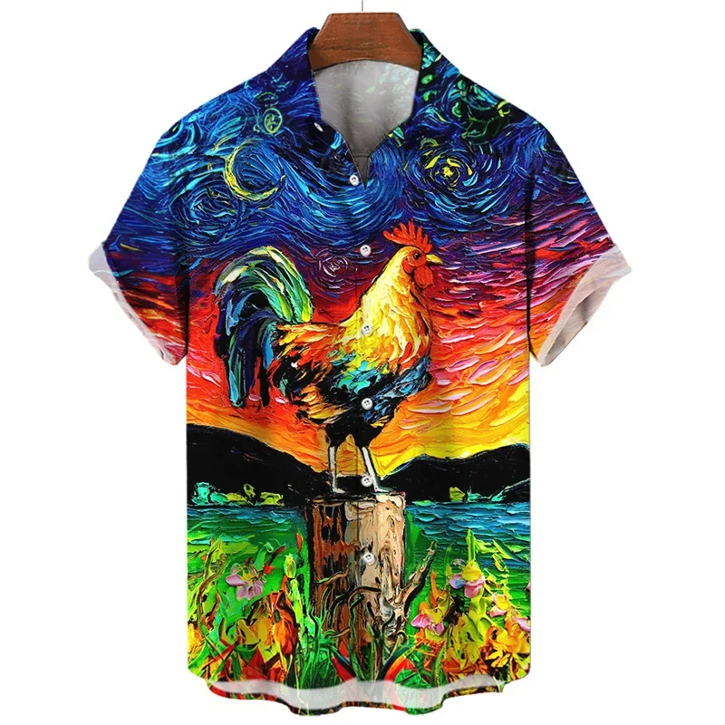 3D Print Abstract Oil Painting Hawalian Shirt Men Art Animal Pattern Beach Shirts Casual Short Sleeve Blouses Button Lapel Tops