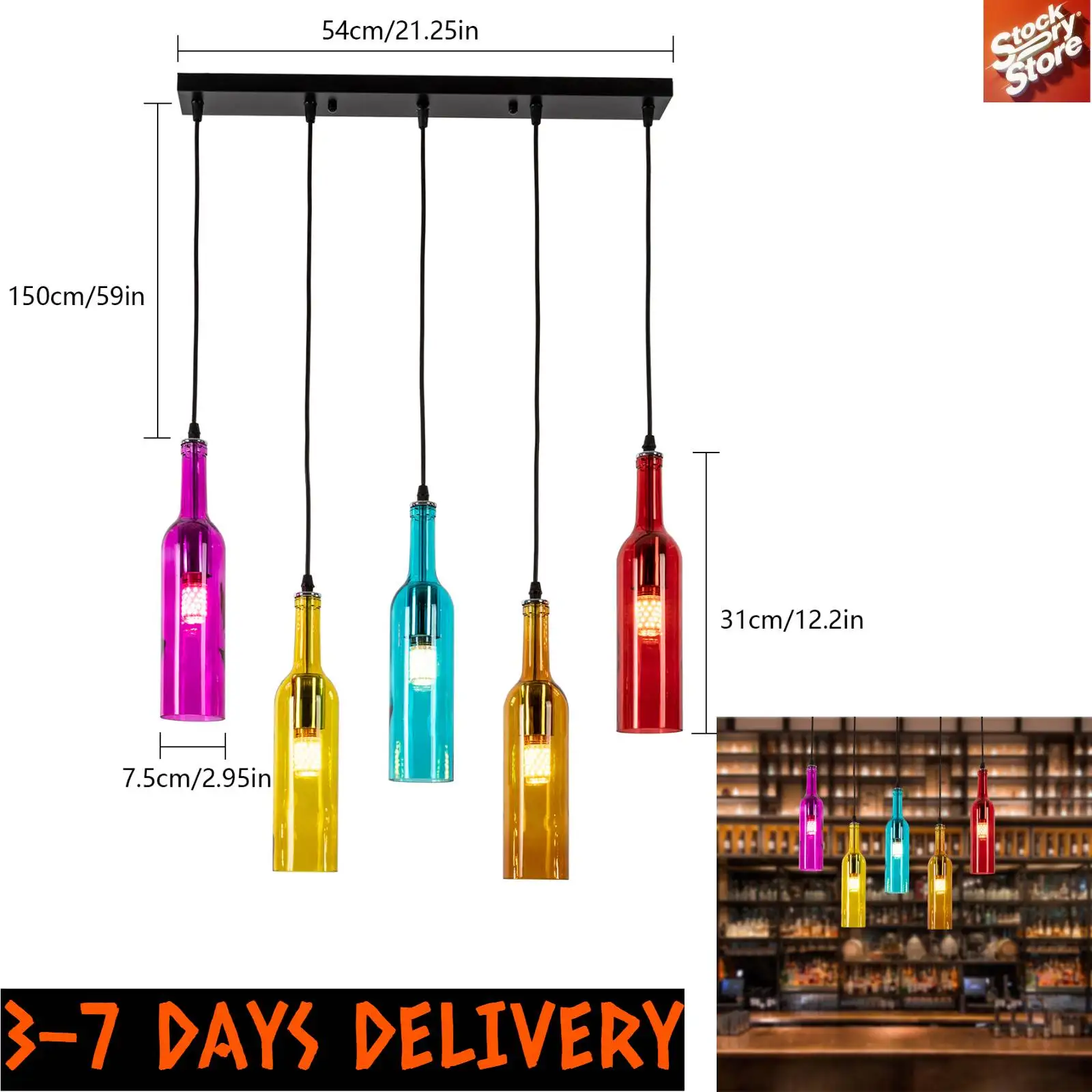 

Потолочная люстра со стеклянной бутылкой и 5 лампами - подвесная лампа для цветной бутылки вина для кафе, ресторана, кухни, столовой, бара