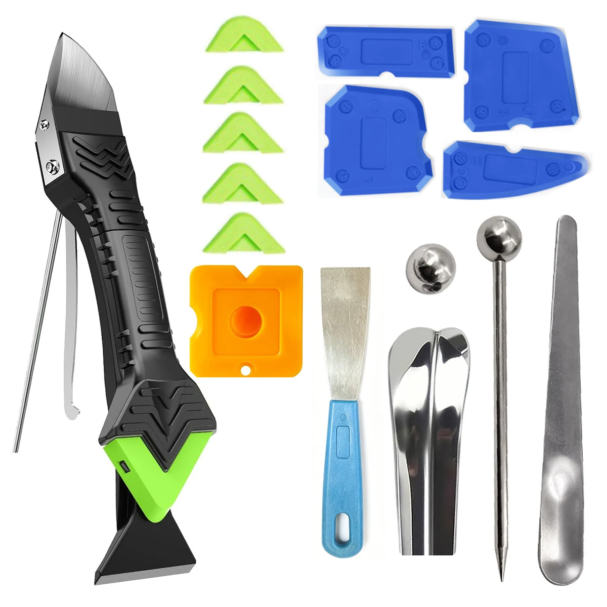 16 Caulking Tool Kit,Reusable Silicone Glue Corner Scrapers with Replaceable Pads Home Window Glass Caulk Remover Great Caulk
