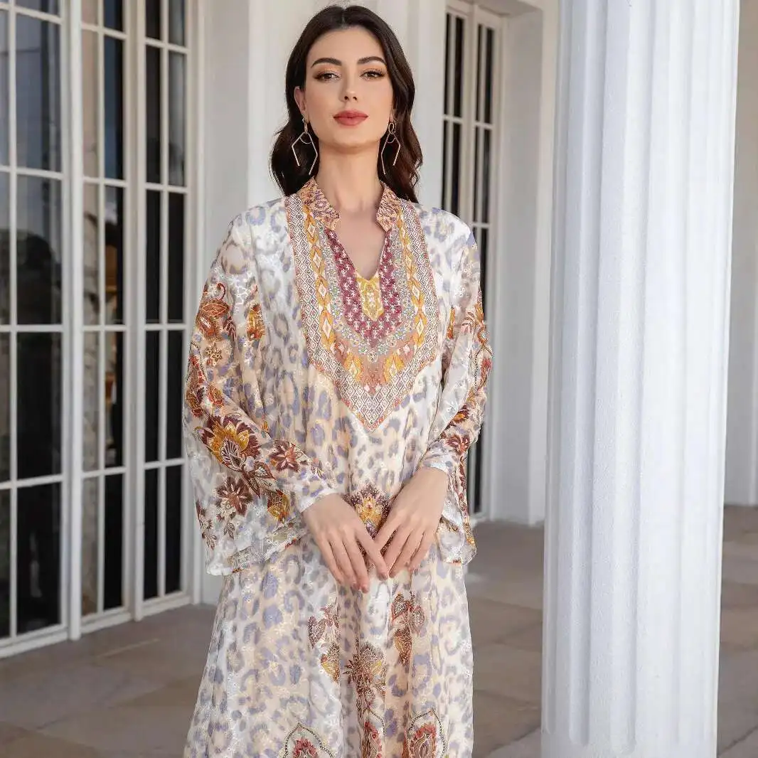 

241108 Muslim Women's Clothing Long Robe Embroidered Fabric Print Rhinestone Women's Long Dress Abayas Islam Elegant